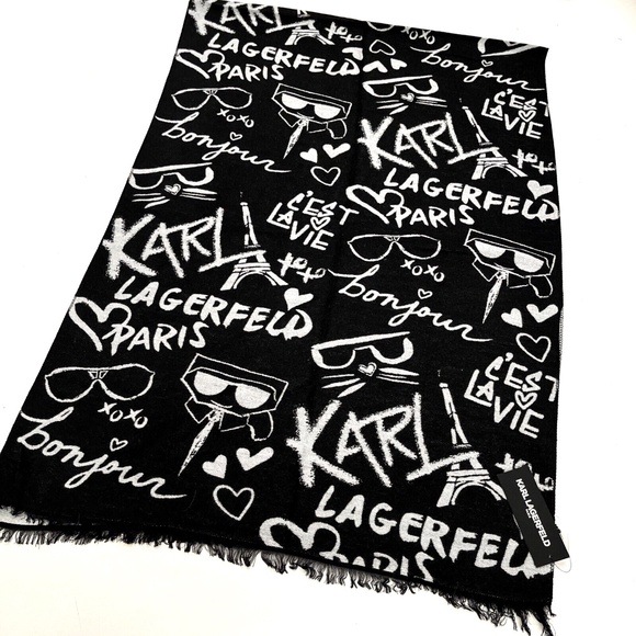 Karl Lagerfeld Paris Reversible Scarf Graffiti Eiffel Tower Cat Print Black Gray - Picture 4 of 6